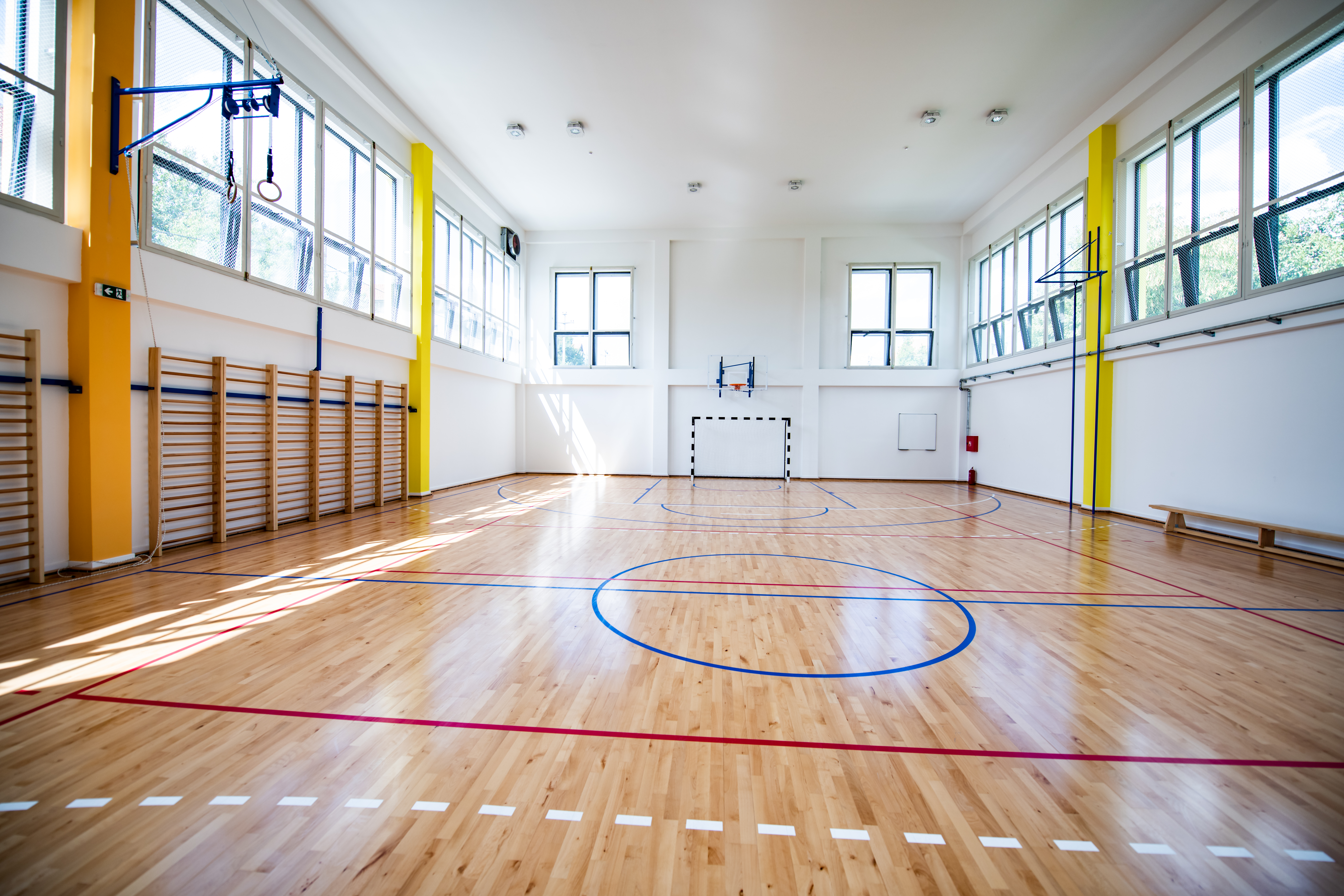 Empty european gym class for school sports for football, basketball and handball
